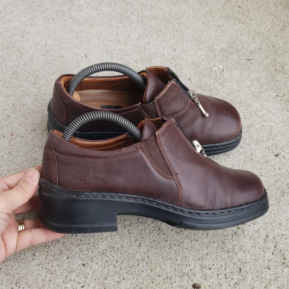 Josef Seibel Brown Zip Leather Chunky Heel Laofers Size 36 Classic Preppy Y2K